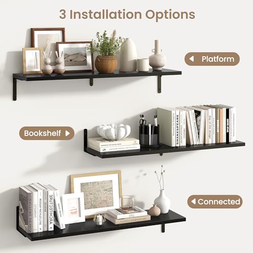 Fun Memories Deep Floating Shelves, 36W x 8D Floating Shelves Set of 2, Wall Mounted Shelf with Metal Brackets, Rustic Wood Wall Shelf for Bathroom, Kitchen and Living Room, Black - color: Black- L Bracket, size: 36"W x 8"D