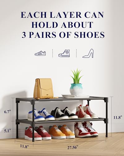 Kitsure Shoe Rack - Non-Woven Shoe Rack Shelf, Shoe Organizer for Closet, Entryway, Garage & Corridor, Stackable Shoe Shelves, 27.5" Wide - 2 Tier, Black - color: Black, size: 27.5" Wide - 2 Tier