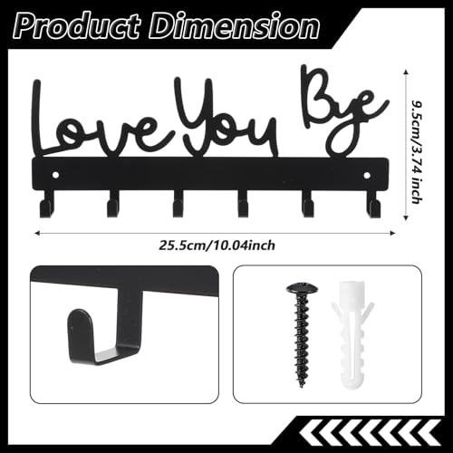 Key Holder Wall Mount, Large 'Love You.Bye' Entryway Organizer with 5 Hooks,Black Metal Key Hanger —No Drill Adhesive for Home Wall Decor（Type 2）