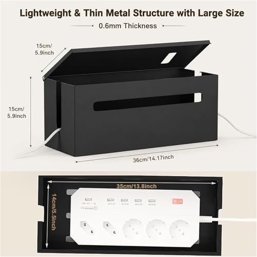 0.6mm Metal Cable Management Box Large Cable Organizer Box and Power Strip Box for Electrical Cord Hiding, Home Office Floor Cables Hider, TV Wires Storage Organization - color: Black