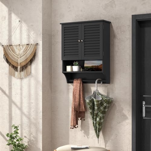 Tangkula Wall Mounted Bathroom Cabinet with Open Shelf & Bar, Medicine Cabinet with Double Louvered Doors, Wall Storage Cabinet with Adjustable Shelf, for Bathroom Living Room Kitchen (Black) - color: Black