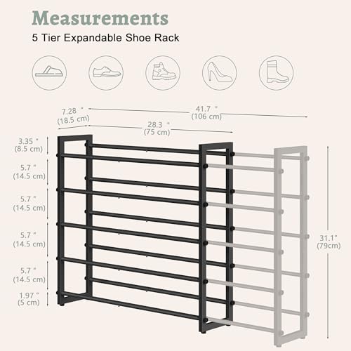 FAVOOSTY 3-Tier Expandable Shoe Rack, Adjustable Shoe Shelf Storage Organizer Space Saving Metal Free Standing Shoe Rack for Entryway Closet Doorway, Silver Grey (Black, 5 Tier) - color: Black, size: 5 Tier