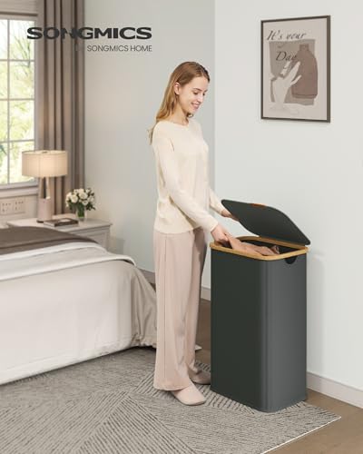 SONGMICS Laundry Hamper, Laundry Basket with Lid, Foldable Storage Basket, Bamboo Frame, for Bedroom, Living Room, Oxford Fabric, 26.4 Gal. (100 L), Slate Gray ULCB518GN01 - color: Slate Gray, size: 100 L (1-Section)