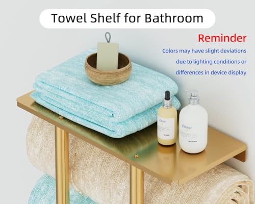 Towel Rack with Metal Shelf and 3 Hooks, Bethom Towel Racks for Bathroom Wall Mounted, Metal Gold Bath Towel Holder Storage Wall for Small Bathroom - color: Gold, size: Round Tube