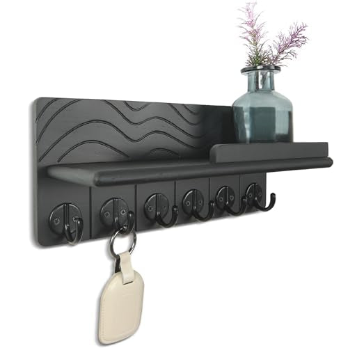 Key Holder Wall Decor-11.8" Solid Ash Wood Entryway Organizer with 6 Hooks & Extra Deep Storage Rack for Key, Mail, Wallet, Leash, Glasses, Hand-polished & Stained, Easy-Assembly - color: Charcoal