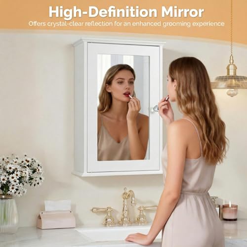 Bonnlo White Mirrored Medicine Cabinet - Wall Mounted Bathroom Storage Organizer with Single Door, 2 Adjustable Shelves & Magnetic Lock, Reversible Small Vanity Cabinet for Over the Toilet/Sink - size: Small - Mirrored