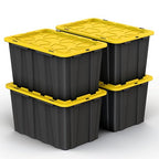 4 PACK Large Black & Yellow Storage Bins | Plastic Tote Organizing Container with Secure Latching Lids, Stackable, Extra Strength with Built in Handle | Black and Yellow Bins | 24.5" x 16.5" x 13.5" - size: LARGE - 24.5" x 16.5" x 13.5"