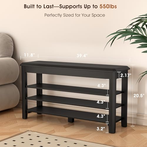 IUNVR Shoe Rack Bench Seat Rubberwood 3-Tier Wooden Storage Bench 550lbs Compact Mid-Century Modern Design for Entryway, Hallway, Closet, Front Door Entrance, Foyer - color: Black-3 Tier(wood), size: 39.4"W x 11.8"D x 20.5"H
