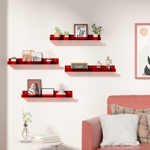 upsimples Acrylic Shelves for Wall Decor, 15" Display Shelf Perfume Organizer for Bathroom, Bedroom, Living Room, Floating Bookshelves for Kids, Clear Red, 4 Pack - color: Red