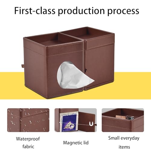 Tissue Box Cover Square Tissue Box Holder PU Leather Facial Tissues Organizer with Storage Tray for Bathroom Vanity Bedroom Office Car,Stylish Napkin Caddy Decorative Organizer (Brown) - color: Brown