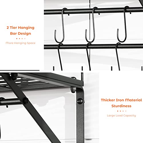 OROPY 31 Inch Wall Mounted Pot Rack Storage Shelf with 2 Tier Hanging Rails 14 S Hooks included, Ideal for Pans, Utensils, Cookware - Black - size: 31.5 Inch