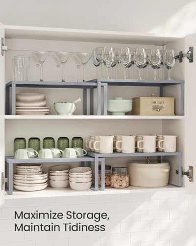 SONGMICS Spice Racks, Set of 2 Metal Cabinet Shelf Organizers, Countertop Organizers, Shelf Risers, Stackable, Expandable, Silver UKCS401G01 - color: Silver, size: 9"D x 15.7"W x 6.1"H + 8.6"D x 15.7"W x 5.4"H