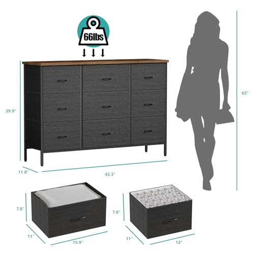 VASICAR Wide TV Stand for Bedroom, Dresser with 9 Deep Drawers, Fabric Storage Cabinet, Modern Chest of Drawers for Closet, Nursery, Living Room（Black） - color: Black