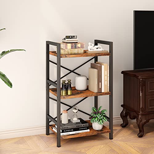 Homeiju Bookshelf, 3 Tier Industrial Bookcase, Metal Small Bookcase, Rustic Etagere Book Shelf Storage Organizer for Living Room, Bedroom, and Home Office(Rustic Brown) Patent Pending D29873033 - color: Rustic, size: 3 Tier