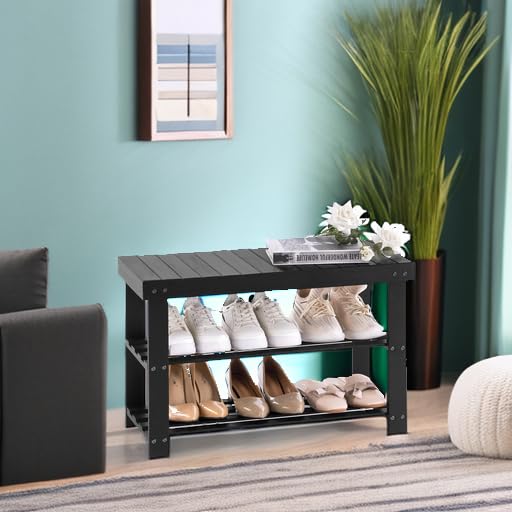 Apicizon Bamboo Shoe Rack for Entryway, 3-Tier Shoe Rack Bench for Front Door Entrance, Small Shoe Organizer with Storage, Black - color: Black, size: 27.6 Inches No Cushion