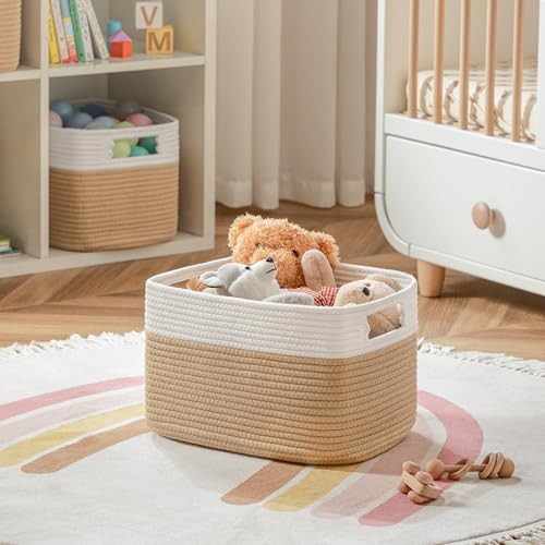 UBBCARE 4 Pack Storage Baskets for Organizing, Shelf Baskets with Handles, Woven Storage Baskets for Bookcase/Cube Shelf/Closet, 14.5"L x 9.8"W x 9"H, White&Brown - color: White&Brown, size: 4 Pack-14.5"(L)×9.8"(W)x9"(H)