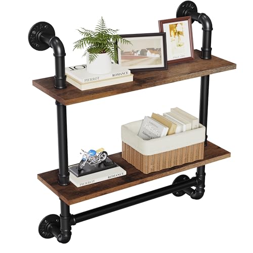 Merapi 24" Industrial Floating Shelves with Tower Bar, Pipe Shelves for Wall, 2 Tier Rustic Wood Wall Shelves for Home Décor, Bedroom, Living Room, Bathroom… - style: 2 Tier with Tower Bar
