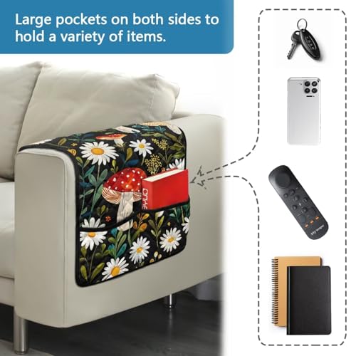 Mushroom Daisy Leaf Print Couch Arm Covers with 2 Pocket Storage Stain Resistant Sofa Armset Organizer for Magazine, Tablet, Phone Waterproof Sofa Chair Armrest Protector - color: Mushroom Daisy Leaf