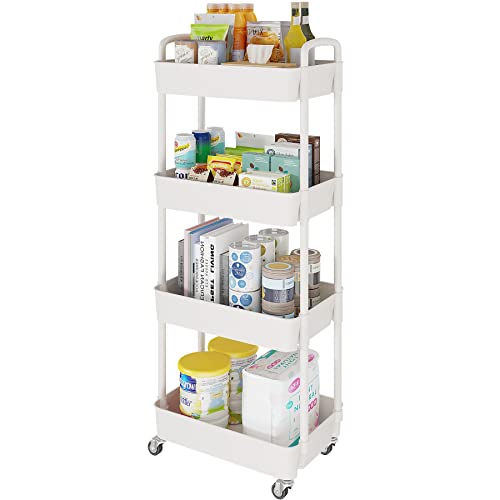 Laiensia 4-Tier Storage Carts,Multifunction Utility Rolling Cart Kitchen Storage Organizer,Mobile Shelving Unit Cart with Lockable Wheels for Bathroom,Laundry,Living Room,With Classified Sticker,White - color: White, size: 4-Tier