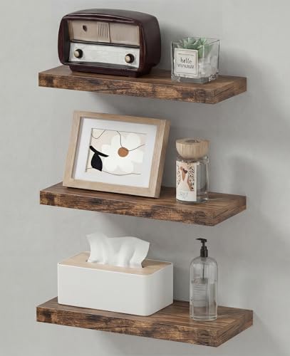 Easy Install Floating Shelves, 15.7 Inch Wall Mounted Wooden Shelf, Small Hanging Shelf for Home Decor, Books and Storage, Organizer for Bedroom, Bathroom, Kitchen, Set of 3, Vintage Brown - color: Vintage Brown, size: 15.7IN
