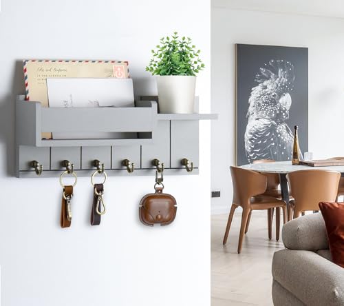 RelaxScene Key Holder Wall Mount - Key Hooks for Wall Decor Living Room - Wooden Key Hanger Rack and Mail Organizer with Shelf for Home Essentials - Modern Entryway House Decor Aesthetic - color: Gray, size: M(12''x4.8'')