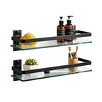 AIJALY 2 Pack Bathroom Glass Shelf, 15.7 Inches Black Bathroom Shower Glass Shelf Wall-Mounted, Metal Storage Floating Kitchen Shelf - color: Black 2 Pack
