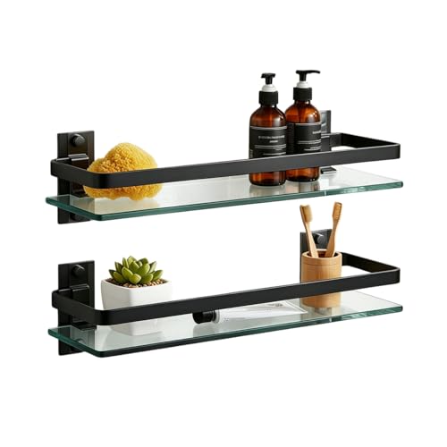 AIJALY 2 Pack Bathroom Glass Shelf, 15.7 Inches Black Bathroom Shower Glass Shelf Wall-Mounted, Metal Storage Floating Kitchen Shelf - color: Black 2 Pack