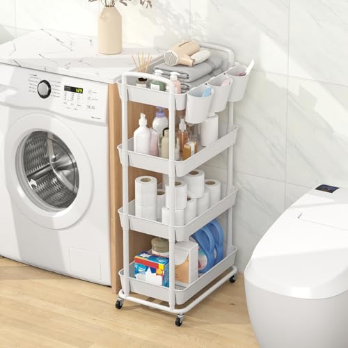 JIUYOTREE 4-Tier Plastic Rolling Storage Cart Utility Cart with Extra Hanging Cups Handles Lockable Wheels for Living Room Bathroom Kitchen Office White - color: White, size: 4-Tier