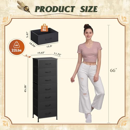 WLIVE Black Tall Dresser for Bedroom, 7 Drawer Dressers & Chests of Drawers, Fabric Dresser for Closet, Living Room, Night Stand with Metal Frame, Storage Tower with Fabric Bins, Wood Top - color: Black, size: 11.73"D x 15.67"W x 45.28"H