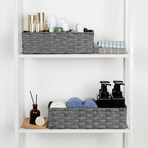 Bidtakay Narrow Wicker Bins for Organizing 2-Pack Dark Grey Decorative Baskets for Washroom Organizer Waterproof Imitation Small Wicker Storage Baskets for Shlef Closet Bedroom Entryway Office Desk - color: Dark Grey