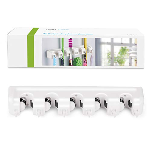 LETMY Broom Holder Wall Mount - Mop and Broom Hanger Holder - Garage Storage Rack & Garden Tool Organizer - 5 Position 6 Hooks Broom Rack for Home, kitchen, Garden, Tools, Garage Organization - White - color: White