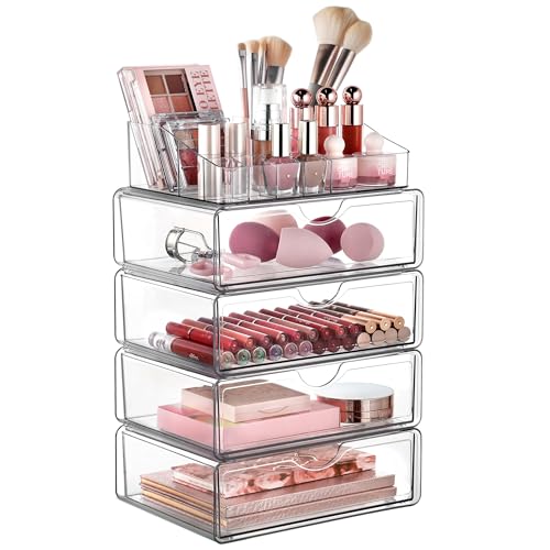 Vtopmart 5 Tier Clear Makeup Organizer with Drawer, Cosmetic Storage for Dresser Countertop and Bathroom Vanity, Beauty Holder for Lipstick Brush Skincare - style: 5 Tier