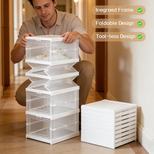 ZLLZUU Upgrade Clear Foldable Shoe Storage Organizer, No Assembly 6 Tiers Shoe Box with Fully Clear Door, Plastic Stackable Shoe Rack for Sneakers, Sturdy Shoe Storage Containers Bins - color: Transparent-6Tiers
