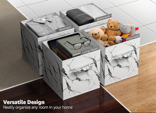 Sorbus Collapsible Storage Bins - 11" Sturdy Foldable Fabric Storage Cubes with Handle - 4 White Marble Organization and Storage Baskets for Organizing Pantry, Closet, Nursery, Dorm, Toy Storage - color: Marble White