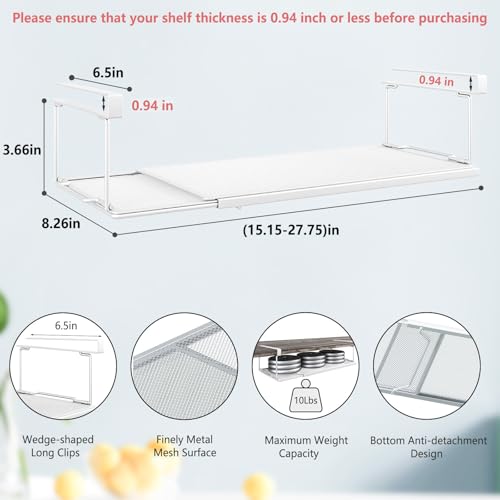Expandable Under Cabinet Shelf, Extendable Under Shelf Storage with 0.94 Inches Thick Clips for Pantry Cabinet, Laundry Room, Shoe Rack. (White, 2 Pack, Interior: 3.66" H x 8.26" D) - color: White-3.66"h X 8.26"d-0.94" Thick Clip, size: 2 Pack