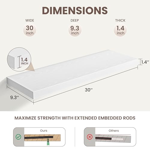 Acovy 30 Inch Floating Shelves,9.3" Deep Floating Shelf Wall Mounted,30 Inch Wall Book Shelves for Home Decor,Large Long Deep Hanging Shelves for Bathroom Office Laundry Living Room Bathroom,White - color: White, size: 30 Inch,Set of 2