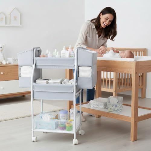 Moteph Rolling Utility Cart with Side Storage, 3-Tier Diaper Cart & Baby Caddy Organizer for Nursery Essentials, Bedside/Postpartum Nursing Cart, Craft & Art Storage Organizer, Rolling Book Cart - size: WITH_SIDE_STORAGE