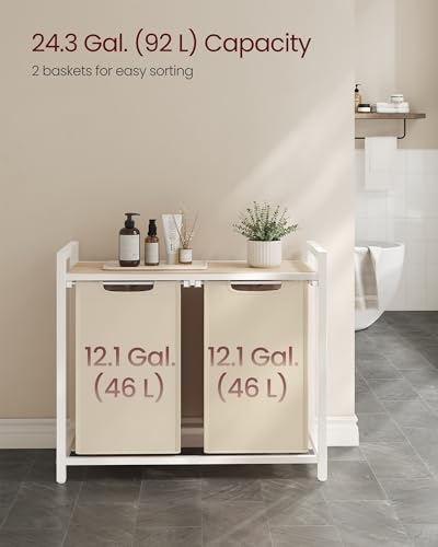 VASAGLE Laundry Hamper, Laundry Basket Sorter with 2 Pull-Out and Removable Bags, Shelf, Metal Frame, 2 x 12.1 Gallons (46 L), 28.8 x 13 x 28.4 Inches, Cappuccino Beige and Natural Beige UBLH201LH01 - color: Cappuccino Beige + Natural Beige, size: 2 Bags