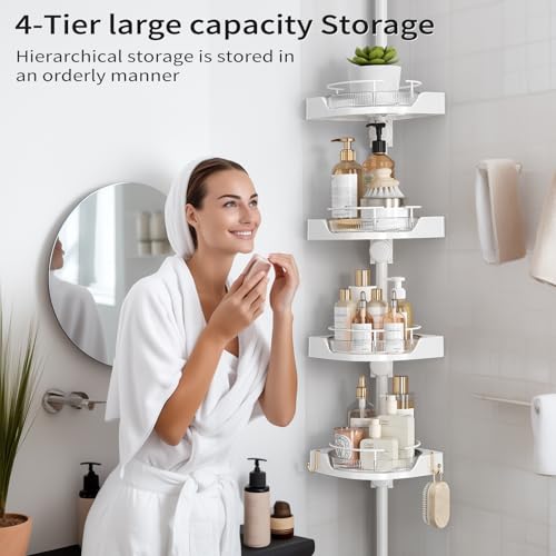 360° Rotating Shower Caddy Tension Pole, 4 Tiers Corner Shower Organizer for Bathroom Shelf Bathtub, Adjustable Standing Shower Rack Bathroom Accessories, Easily Assemble, 34-124 Inch Height, White - color: White, size: 4tiers