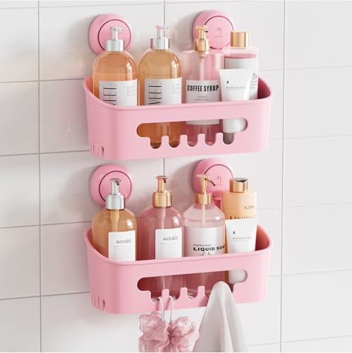 TAILI Shower Caddy Suction Cup 2 Pack, Heavy Duty Bathroom Organizer, Removable Shelves for Inside Shower, Shampoo, Waterproof Suction Plastic Storage for Bathroom Accessories Holder, Pink - style: 2 × Pink