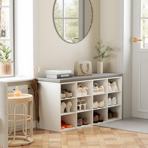 Aenuert 12-Cubby Shoe Rack with Cushion, 3-Tier Wood Shoe Organizer, Multifunctional Shoe Organizer Bench for Entryway, Mudroom, Hallway, Closet,36.22 * 11.81 * 17.7 Inch, White - color: White Cushion, size: 12-cube 3-tier