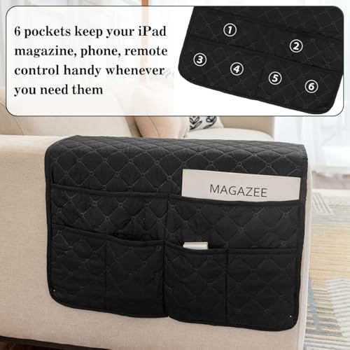 Bedside Caddy for Couch Remote Control Holder Recliner Armrest Organizer Non Slip Sofa Armchair Caddy with 6 Pocket Storage for Magazine, Tablet, Phone, iPad, Black
