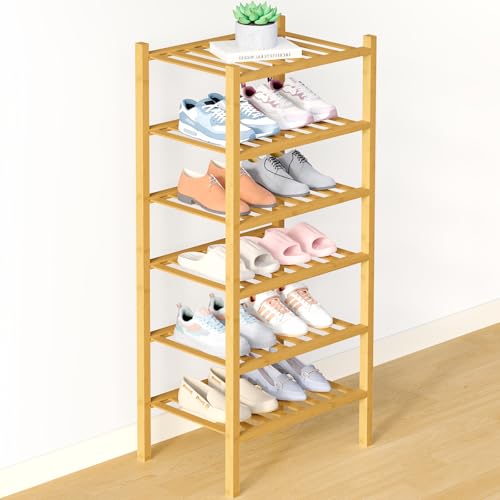 Smiry Bamboo Shoe Rack for Closet, 6 Tier Small Wooden Stackable Shoe Organizer, Free Standing Shoes Storage Shelf for Entryway, Front Door Entrance, Natural - color: Natural, size: 6 Tier - Small