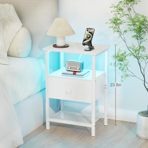 LOAKEKEL LED Night Stand with Charging Station, Small Bedside Table with USB Ports & Outlets, Fabric Storage Drawer with PU Finish for Bedroom, White, HETS01WT-1 - color: White, style: One-drawer