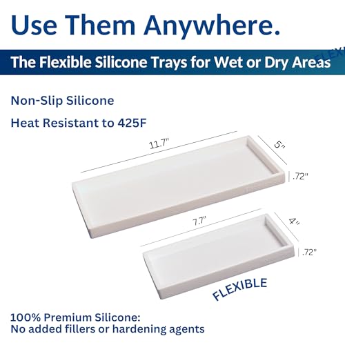Spacewiser Countertop and Vanity Tray - 2 PC (11” and 7”) Shatterproof Silicone Kitchen and Bathroom Trays for Counter, Kitchen Soap Dispenser Tray, Vanity Trays for Bathroom, Perfume Key Tray - color: White, size: Set‐ 1 Small + 1 Large