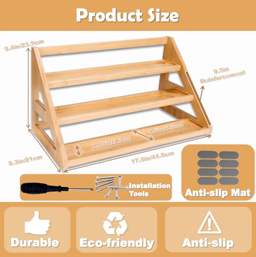 3 Tier Bamboo Spice Rack Organizer for Cabinet - Seasoning Rack Fits 24 Spice Jars, 17.5” Wide Countertop & Cabinet Organizer for Kitchen Organization