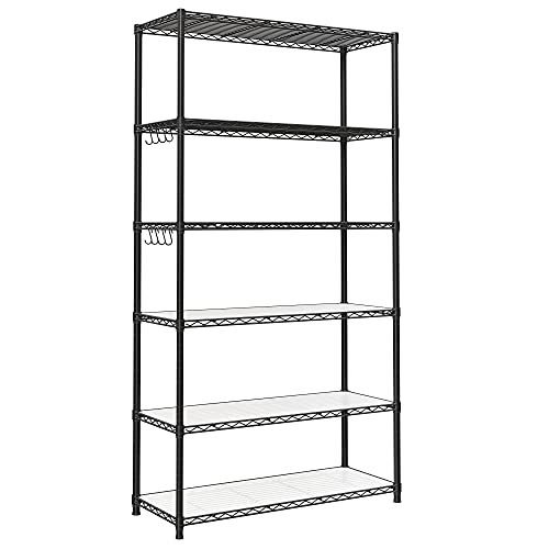 SONGMICS 6-Tier Storage Shelves, Wire Shelving Unit, Kitchen Metal Shelves, Storage Rack with Adjustable Shelves, Shelf Liners, 8 Hooks, for Garage, 13.8 x 35.4 x 69.7 Inches, Black ULGR096B01 - color: Ink Black, size: 6 Tiers (13.8"D x 35.4"W), style: Wi