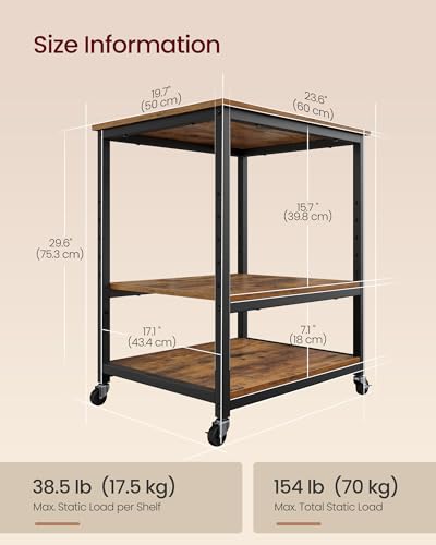 VASAGLE Printer Stand with Locking Wheels, Industrial Mobile Cart, Under Desk Printer Table for Home Office, 23.6 x 19.7 x 29.6 Inches, Storage Shelf, 3-Tier, Rustic Brown and Ink Black - color: Rustic Brown + Ink Black, size: 3 Tiers/Large