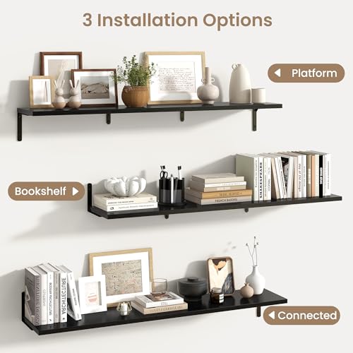 Fun Memories Deep Floating Shelves, 48W x 8D Floating Shelves Set of 2, Wall Mounted Shelf with Metal Brackets, Rustic Wood Wall Shelf for Bathroom, Kitchen and Living Room, Black - color: Black- L Bracket, size: 48"W x 8"D