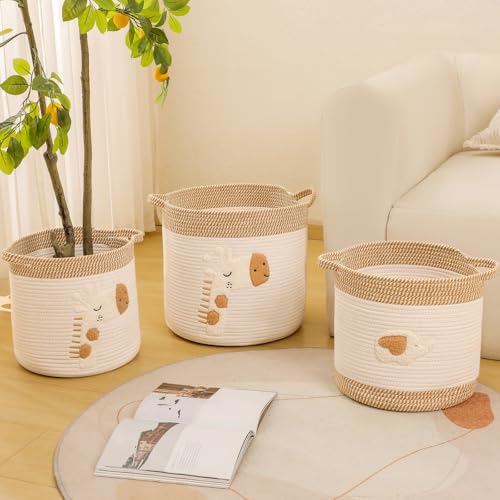 Large Blanket Baskets for Living Room Decor, Toy Storage Baskets Woven Cotton Rope Storage Basket for Kids, Dog Toys Organizer Clothes Hamper with Embroidery Decor for NurseryLaundry (Large, Giraffe) - color: Giraffe, size: Large